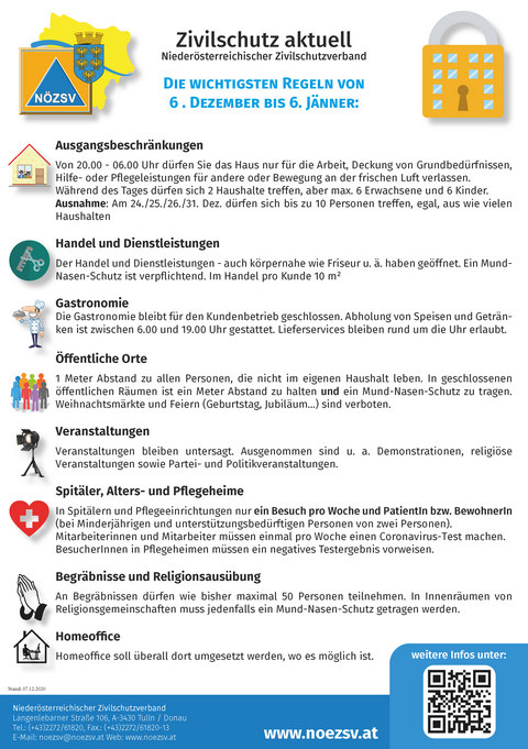 Corona Regelungen 6.12.2020 - 6.1.2021 © Niederösterreichischer Zivilschutzverband