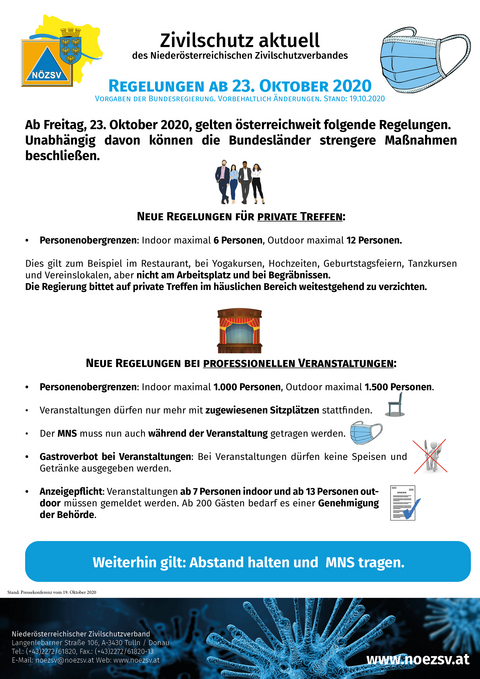 Corona Regelungen ab 23-10-2020 © Niederösterreichischer Zivilschutzverband